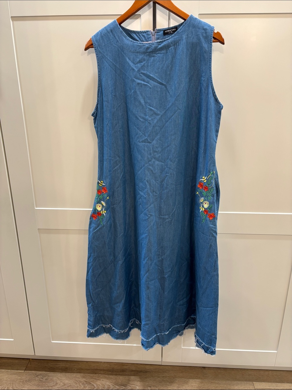 Blue Denim Sleeveless A-Line Dress with Floral Embroidery